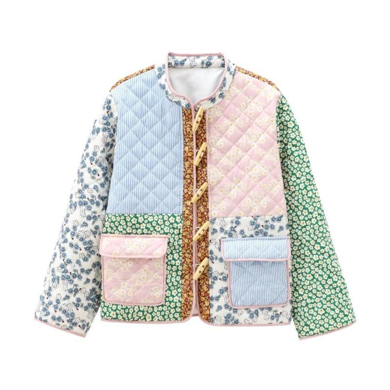 Women Stand Collar Quilted Print Loose Casual Cotton Coat