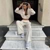 Autumn Zip-Up Hooded Crop Top & Casual Long Pants Set - Women's Sports Style