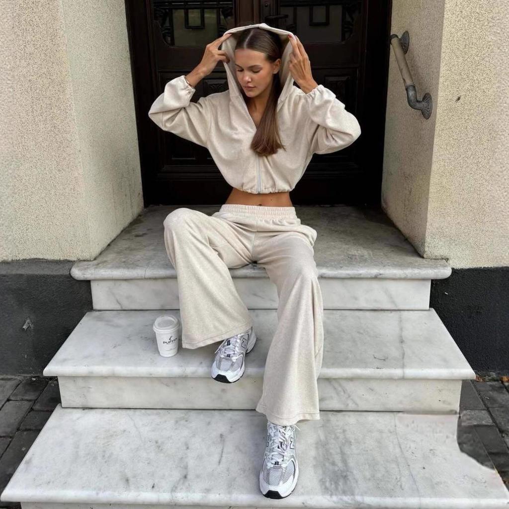 Autumn Zip-Up Hooded Crop Top & Casual Long Pants Set - Women's Sports Style