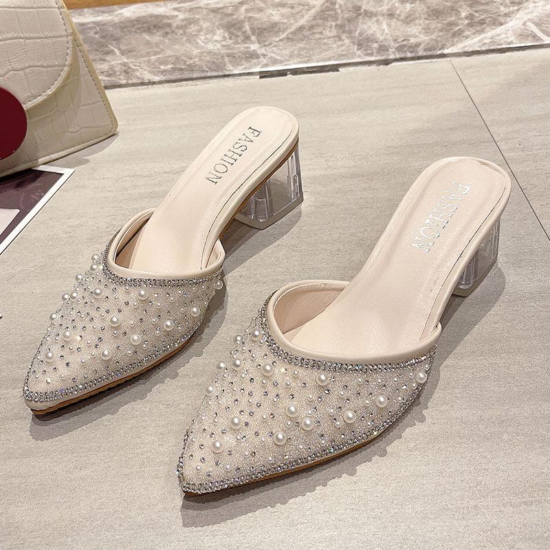 New Spring and Summer Fashion Rhinestone Pearl Pointed High Heels Cool Slippers Versatile Outer Thick Heel Half Drag Women's Shoes