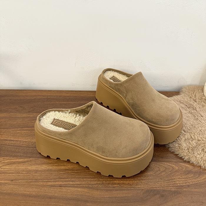 Schwammkuchen Dicksohlen Taschenkopf Fleece Baumwollpantoffeln Damen tragen Retro Weiches Leder Vielseitig im Herbst und Winter, kleine höhenerhöhende flauschige