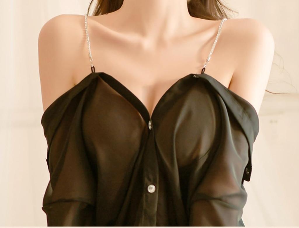 Babydoll Boyfriend [AQURAD] Loose-fitting Silhouette, Shirt-like, Off-the-shoulder, Pajamas, Straps, Bejeweled, Nightwear, Shirt-like, Loungewear,