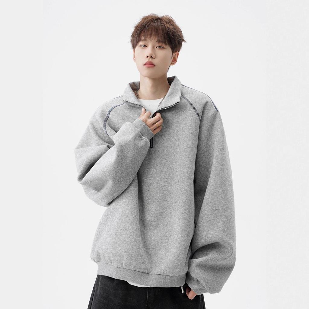 Men's Autumn Trendy Navy Blue Half-Zip Stand-Collar Hoodie Jacket