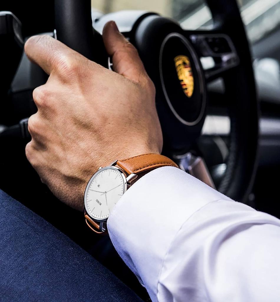 BUREI Men's Leather Watch, Simple Business Style, Waterproof, Analog, Stylish, Popular, Date Display, Slim Fit, Size M