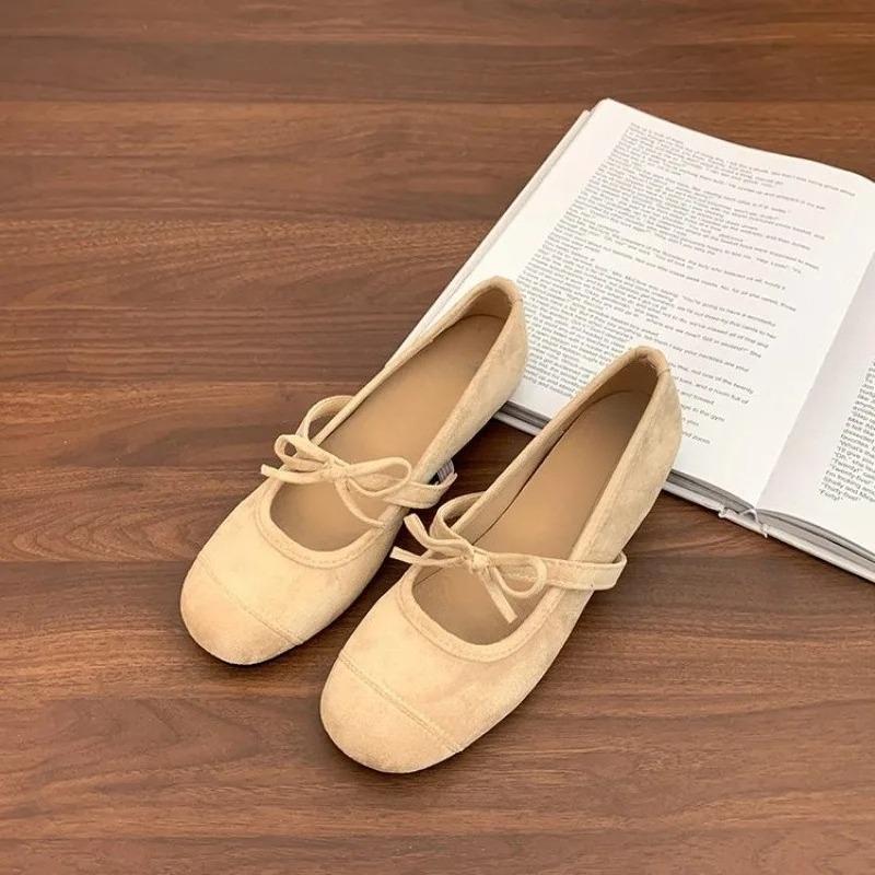 Mode Retro Wildleder Innen Erhöhte Einzelne Schuhe Damen Herbst Neu Runde Zehen Flacher Ausschnitt Schleife Mary Jane Schuhe