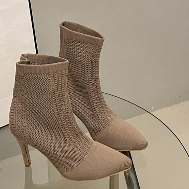 Women's Fashion Knit Mesh Breathable Short Thigh Boots Fall New Pointed Toe Pullover Foot Non-Slip Stiletto Heels