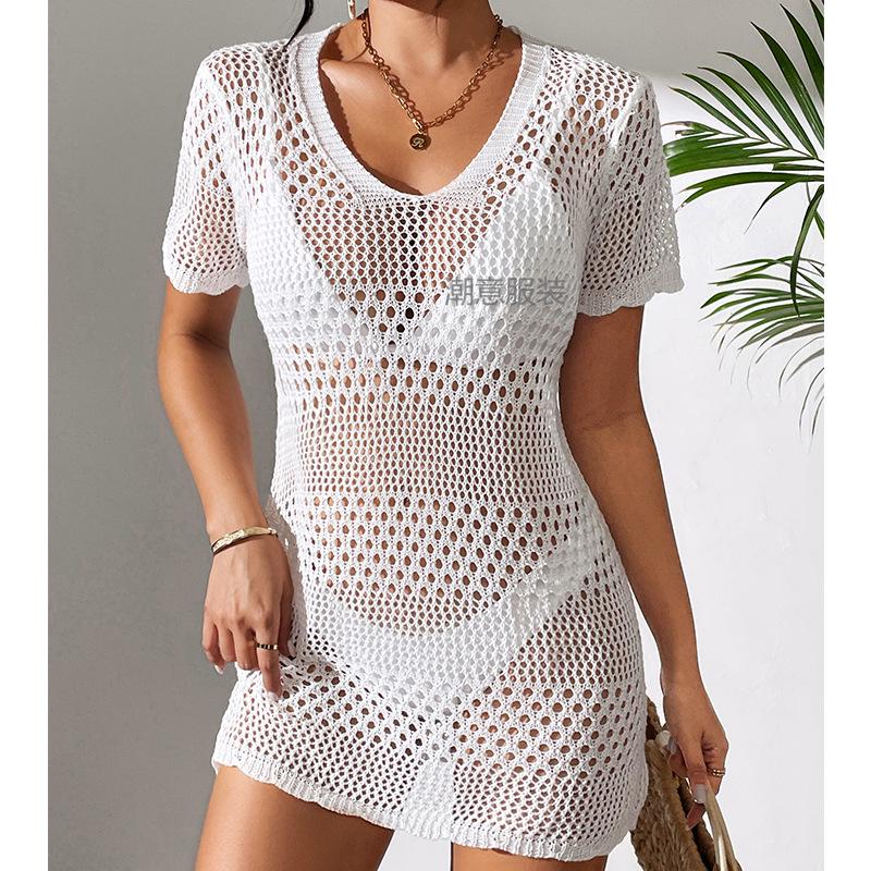 European & American Women's Sexy Hollow Short-Sleeve Bikini Cover-Up Sun Shirt
