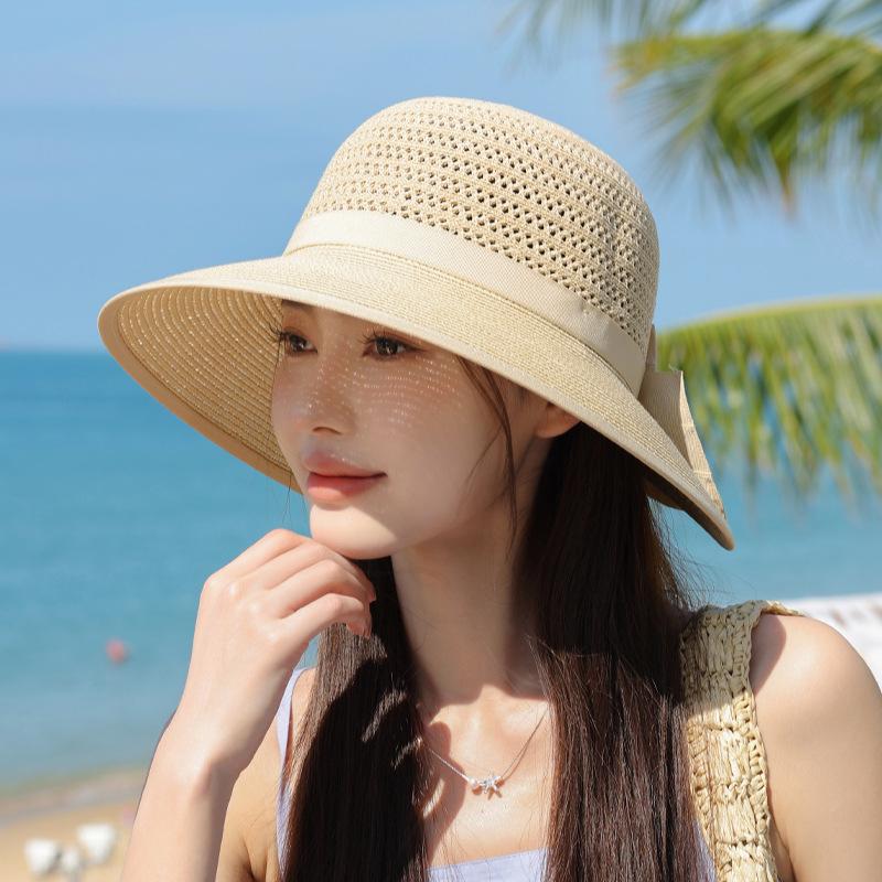 Summer seaside beach sunscreen hat women's fashion bow sun hat big eaves hollow breathable sunshade bucket hat