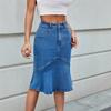 Fuste Denim Midi Bodycon Creion cu Talie Înaltă Patchwork Denim Fustă Jean Fluidă Lungă Elastică Casual Linie A Volane Fustă Jean Fluidă pentru Femei