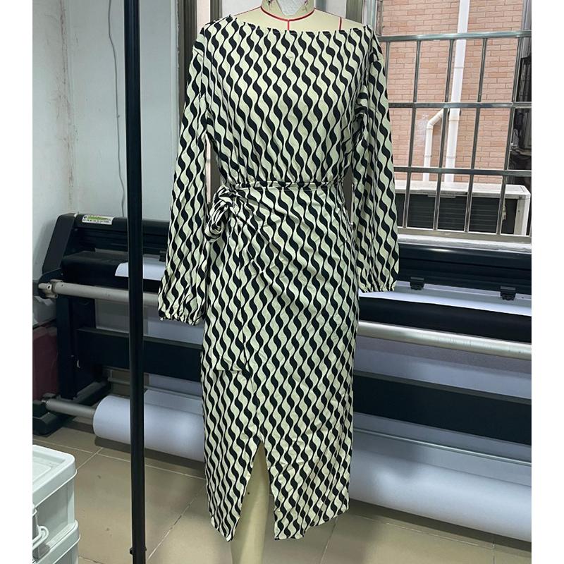 Stylish Long Sleeve Striped Skew Collar Women Sexy Dress Lace-up High Waist Elegant Dresses Women Casual Irregular Split Party Club Female Dress 25936