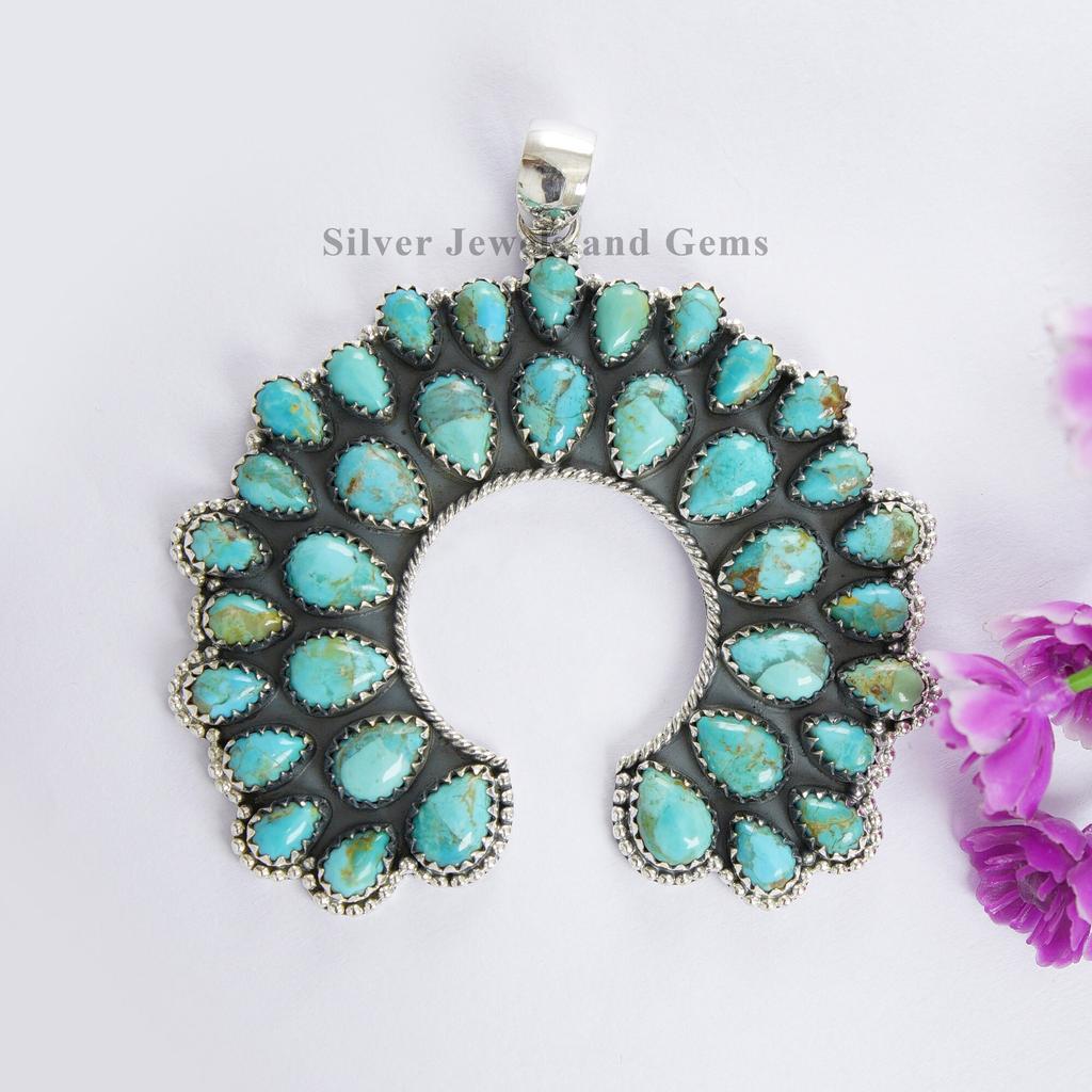 Genuine Turquoise Cluster Pendant-925 Sterling Silver Pendant-Kingman Turquoise Multi Stone Pendant-Gemstone Pendant-Wedding Pendant