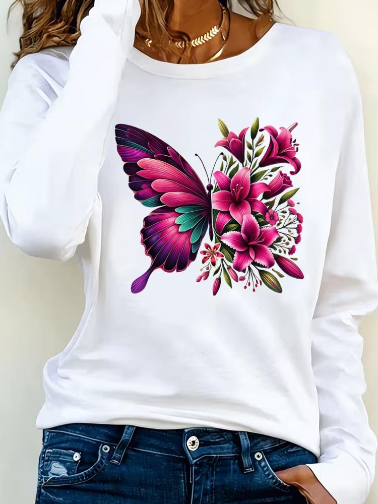 (Asian Size) flower style Clothing Casual  Tee Lady Printed o-neck Long Sleeve T Shirt Women Female Fashion Top Graphic T-shirts