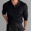 Men's Long-Sleeve Striped Knitted Polo Shirt - Autumn Muscle Fit