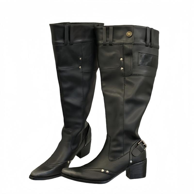 Big tube circumference boots women 2025 autumn and winter spice girls but knee boots pointed thick heel black pile boots women