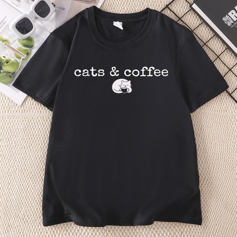 Cats and Coffee Lover Tee Unisex Funny Black Cat Tshirt Casual Round Neck Printed Graphic Tee Summer Cotton Shortsleeve Tee
