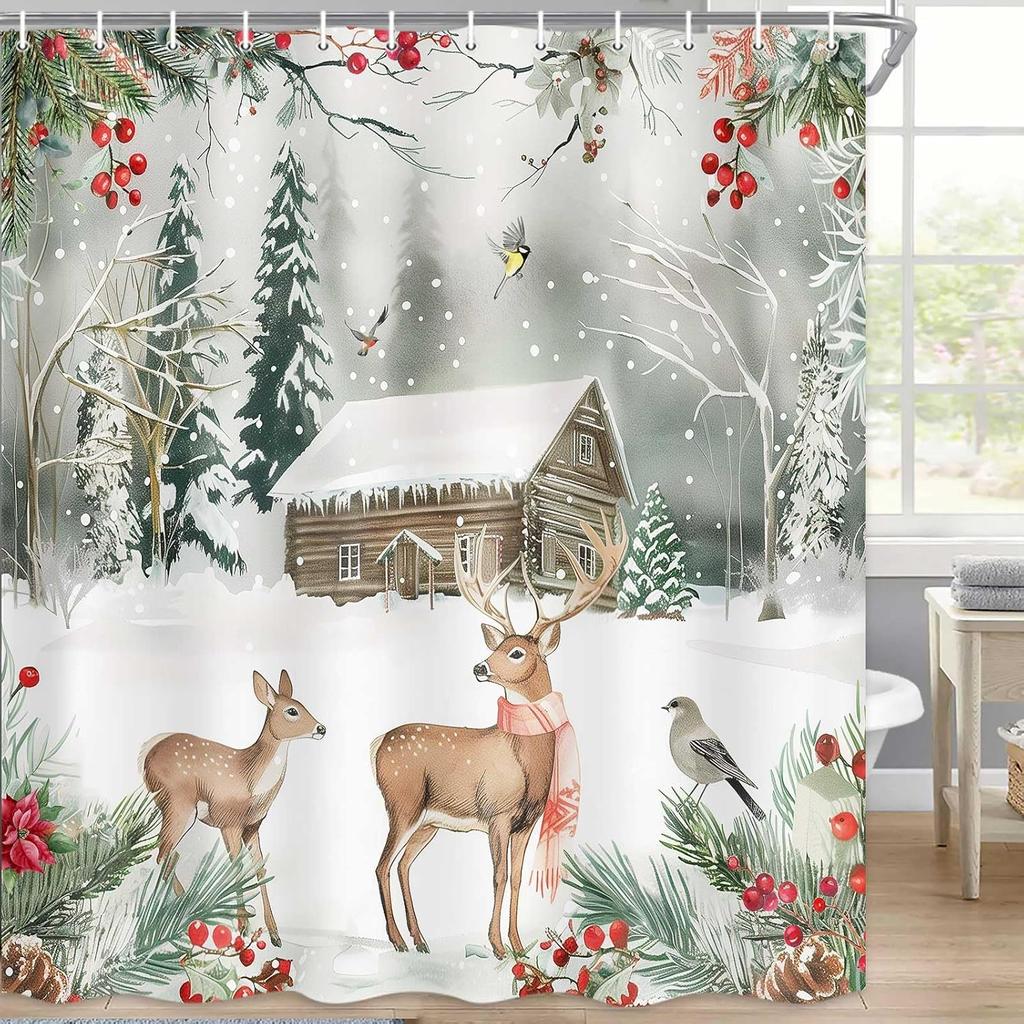 Christmas Tree Shower Curtain Green Trees Snowflake Decorative Bath Curtain Xmas Holiday Waterproof Fabric Bathroom Curtain Se