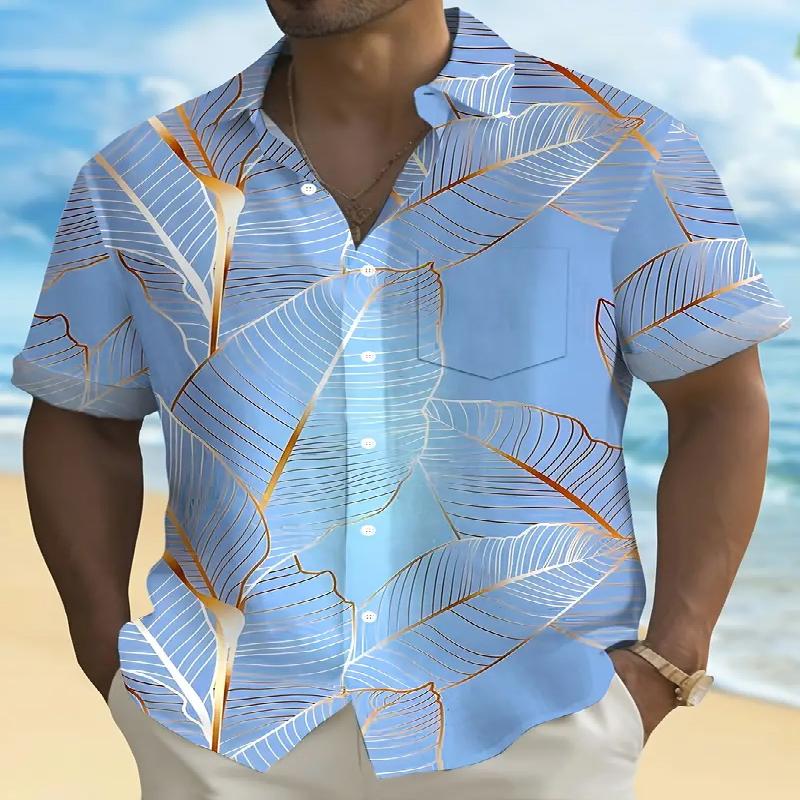 Men's Tropical Leaf Pattern Digital Printed Short Sleeved Shirt with Casual Buttons Made of Polyester Fiber Summer Is Very Suitable for Summer Outings