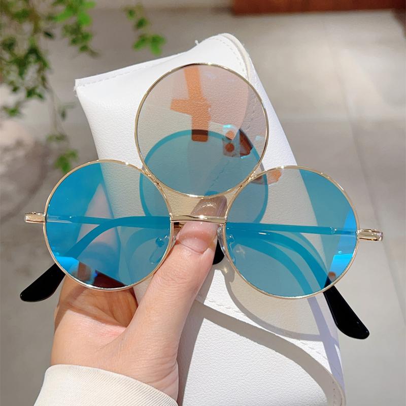 New Trendy Y2K Hip Pop Funny Shades Women Ins Brand Design Decor Sunglasses Retro Round Metal Travelling Sun Glasses