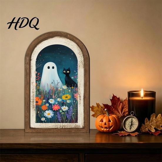 Solid Wood Ghost Ornament Arch Wooden Sign Cute Halloween Table Rustic Farmhouse Spooky Home Accents Shelf Decor Decorative Wall Art for Mantel
