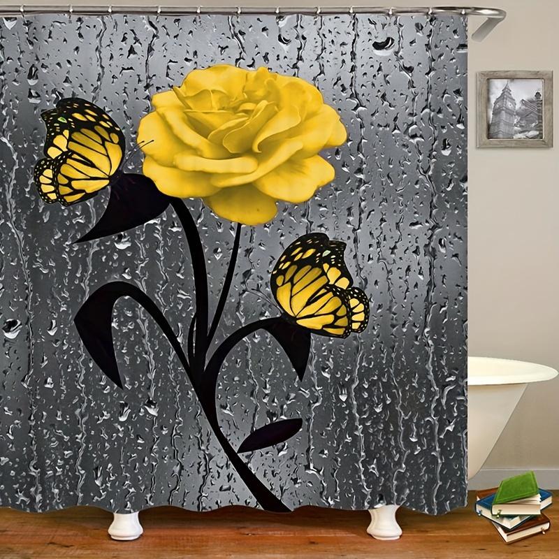 4 buc. Seturi de perdele de duș cu model de trandafiri galbeni pentru baie Covoare de baie antiderapante Capac de toaletă Covoraș de baie Set de baie