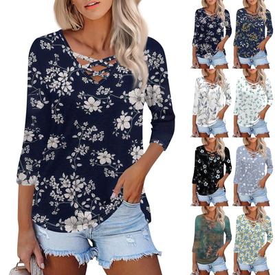 Women's Fashion Loose Cross V-Neck Seven Sleeve T-Shirt Vintage Floral Print Casual Top