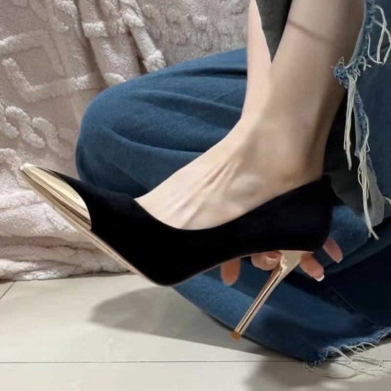 Fashion Spring New Thin Heel Shoes Women's Fashion Metal Pointed Shallow Mouth Suede Slip-on Anti-slip Wear-resistant High Heels