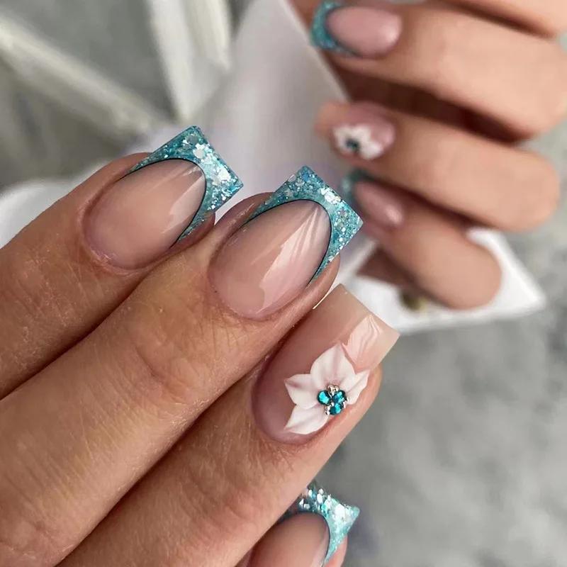 24Pcs French Long Ballet Square Fake Nails Removable Full Cover Press On Nails Acrylic False Nail Tips