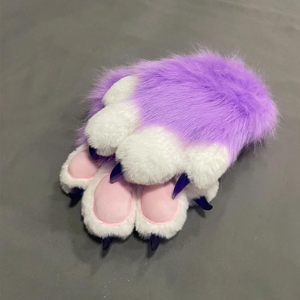 Faux Fur Plush Furry Cat Claw Gloves Fursuit Animal Fox Paws Mittens Halloween Cosplay Costume Accessories for Adult