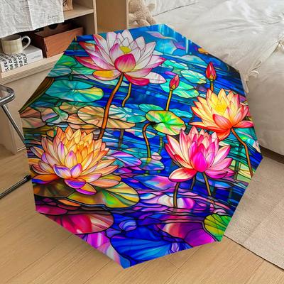 1PC Lotus Pond Stained Glass Pattern Small Travel Automatic Folding Umbrella, Compact Windproof Umbrella, Automatic Open/Close ,Gift-091520