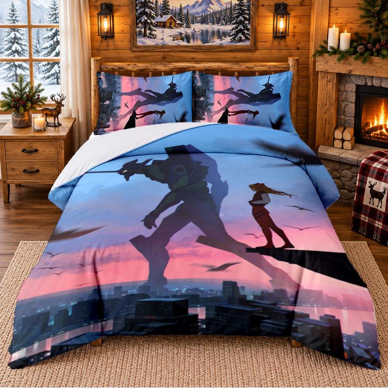 Neon Genesis Evangelion Pattern Bedding 3Pcs Set Bed Sheet And Pillowcases For Indoor Bedroom