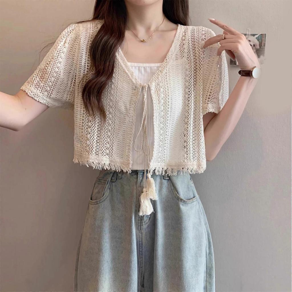 Women Crochet Shrug Sweater Tie Front Knit Boleros Shrugs for Dresses Short Sleeve Cropped Cardigan Beach Coverups Gifts One Size