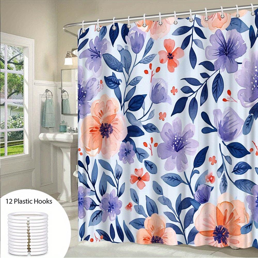 1 Watercolor Floral Garden Shower Curtain - Lavender flowers and dark blue leaves, Polyester fabric, Machine washable