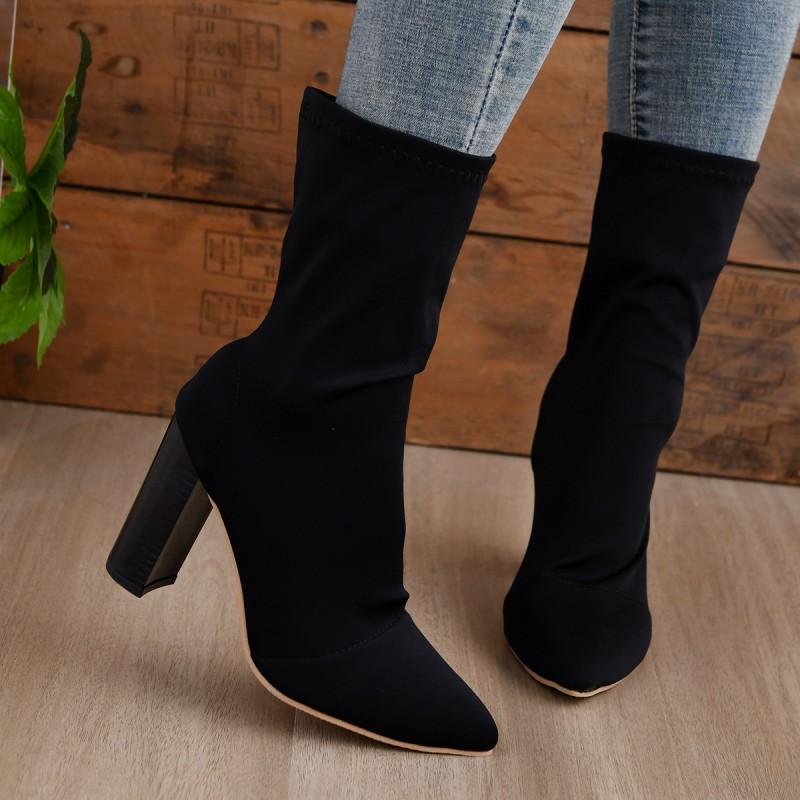 Womens Winter Stretch High Heel Ankle Boots Pointed Toe Chunky Slip-On Mid-Calf Boot Plus Size