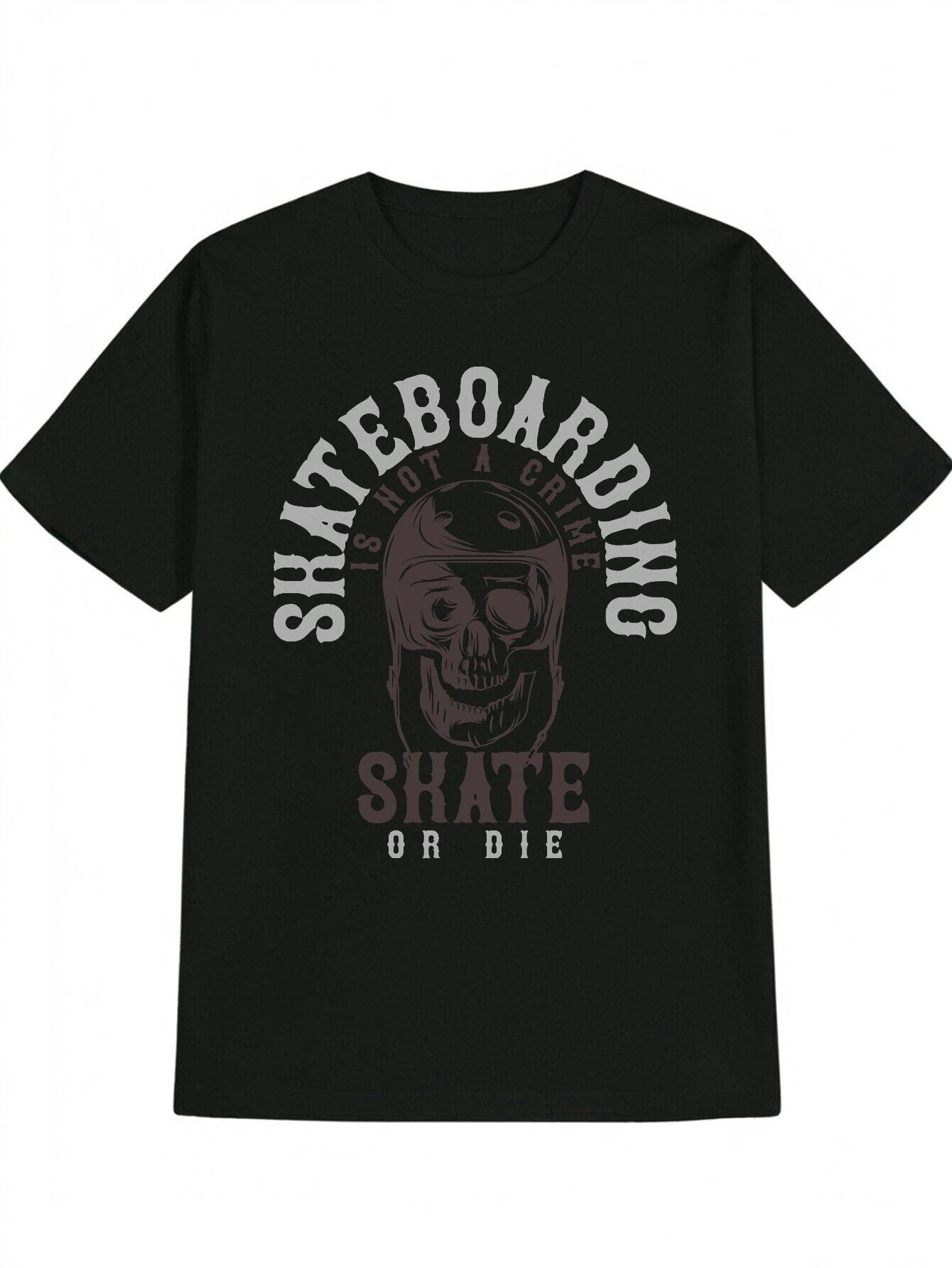 Casual Skull Graphic T-shirt - Skate or Die Design L
