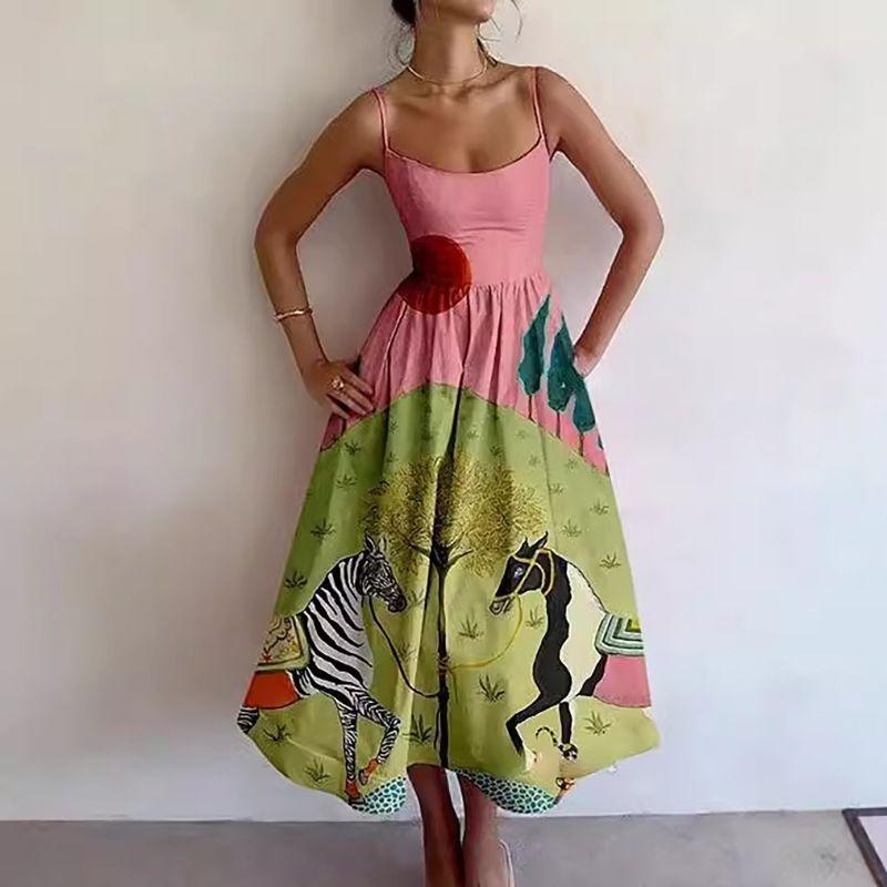 European and American Sexy U-Collar Waist Hugging Pleat Sling Big Hemline Dress Women Sexy Suspender Dress