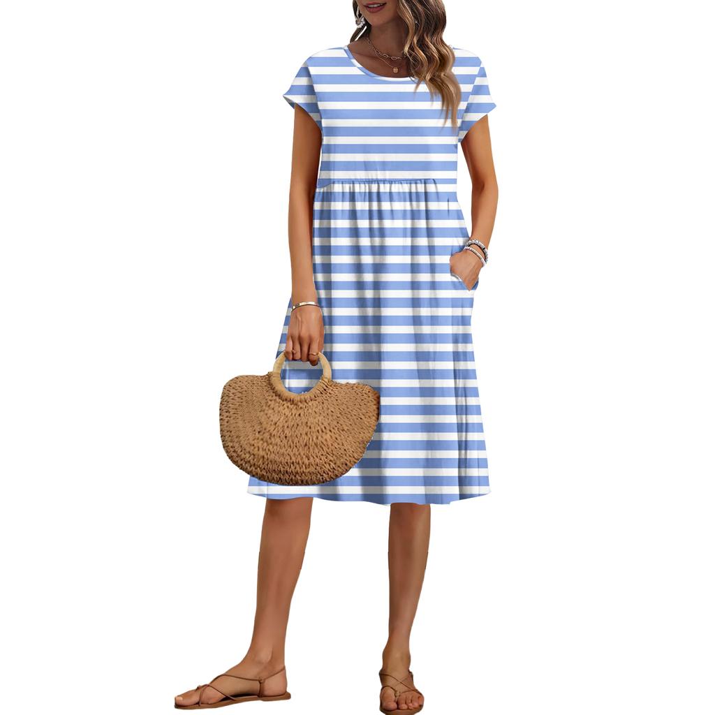 Women's Summer Fashion Casual Round Neck Short Sleeve Striped Print Dress