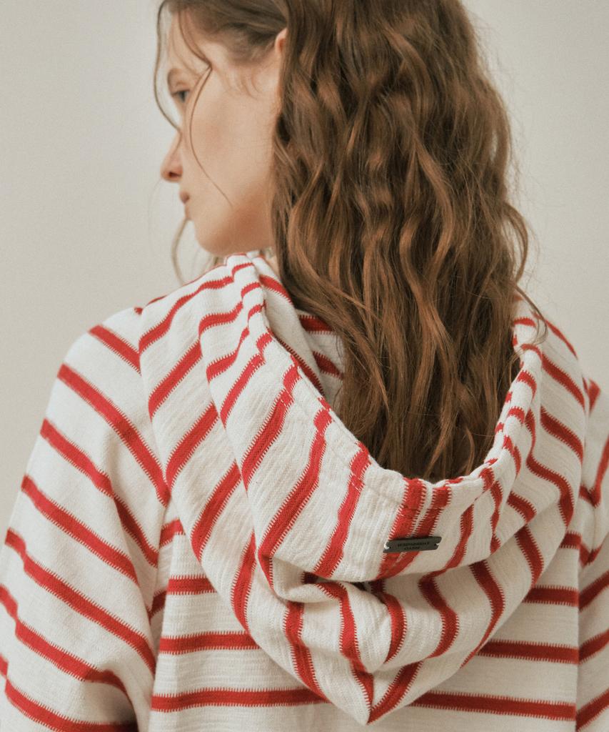 Striped Waffle Hooded Sweatshirt_Red(W25-Tp35)