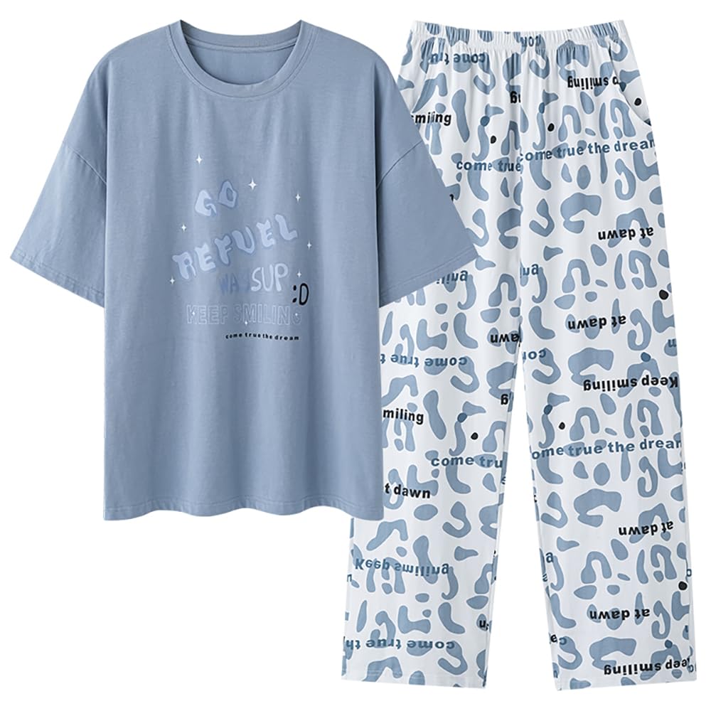 

IDOHEMO Хлопковая пижама шорты и длинный эластичный с размером женский комплект, рукава, домашняя одежда, брюки, дышащая, талия, карманы, милый, синий, M,