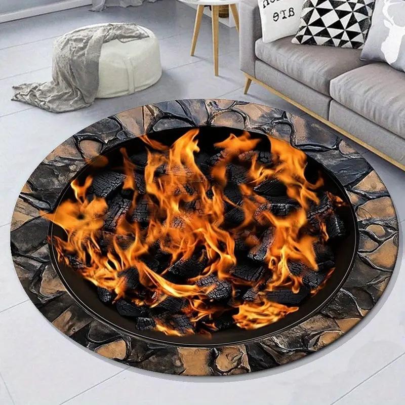 3D Vision Fire Pit Rug Anti-slip Living Room Decoration Round Carpet Waterproof Rugs for Bedroom Washable Bedside Creative Mat