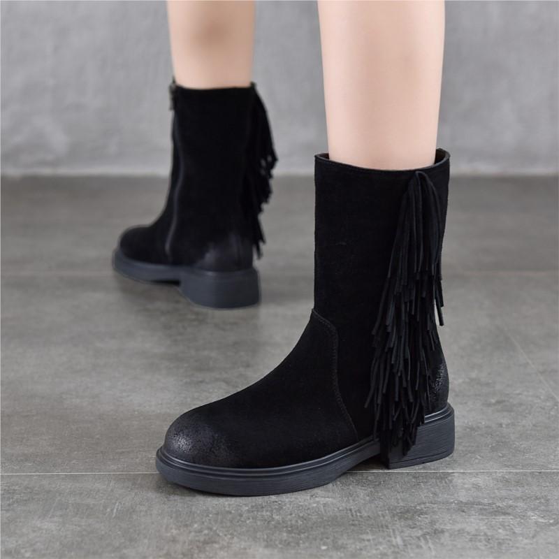 Johnature Retro Tassel Mid Heeled Women's Boots Genuine Leather Round Toe Versatile Mid-calf Boots
