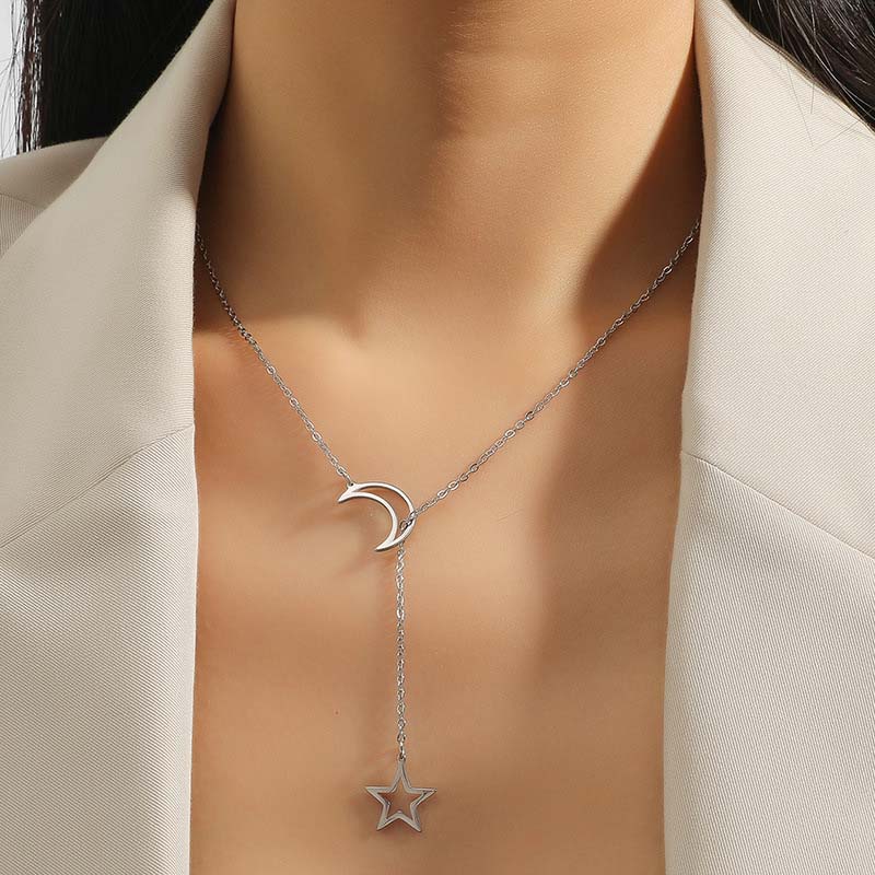 Fashion Gold Silver Color Star Moon Pendant Necklace For Women Simple Metal Long Tassel Cross Chain Necklace Jewelry