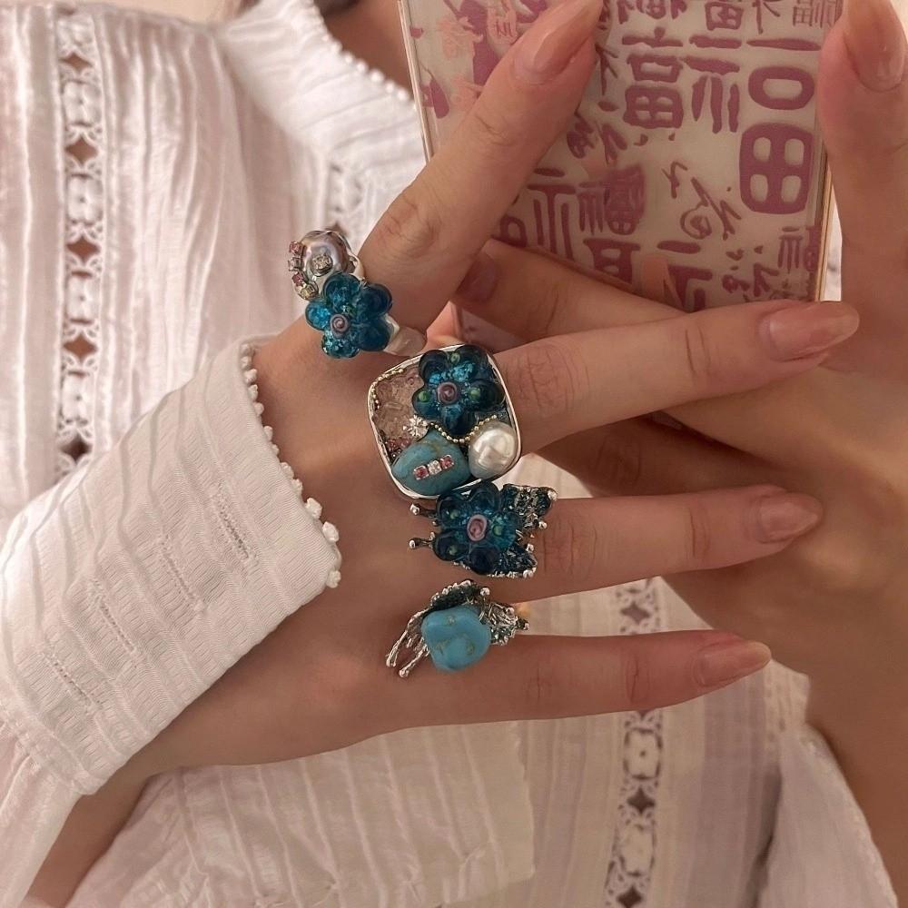 Stackable Glass Flower Ring Rhinestone Western Geometric Ring Fashion Turquoise Rings  Jewelry