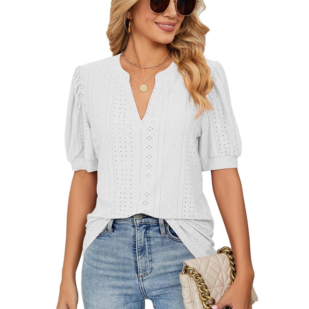Summer Women's T-shirt Casual V-neck Solid Color Hollowed Out Bubble Sleeve Loose T-shirt Tops Female