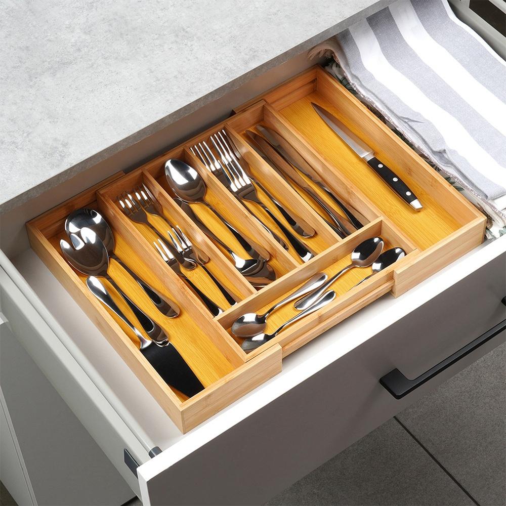Bamboo Insert for Cutlery, Drawer Utensils, Extendable, Adjustable, XL