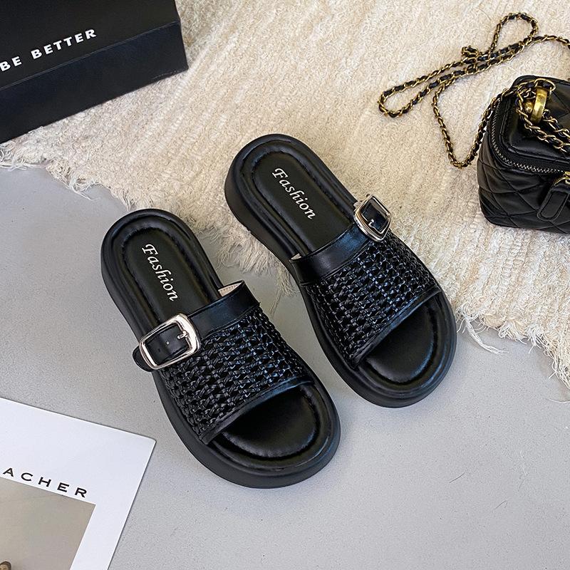 Korean Version of Thick-bottomed Cool Slippers for Women To Wear 2025 Summer New Fairy with Skirt Hollowed-out Woven One-word Cool Slippers