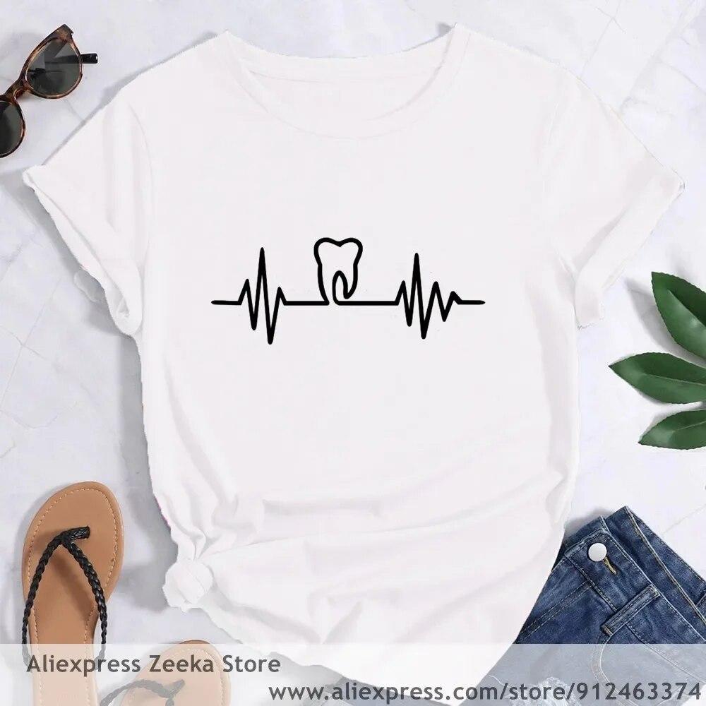 Zahn und Zahnarzt Grafik Ästhetik Frauen Lustige Print Damen T-shirt Mädchen Y2K Harajuku Basis O-kragen Weißes Hemd Kurze
