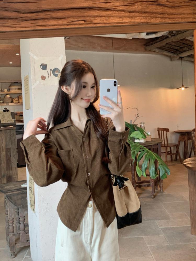 Autumn/Winter Korean Corduroy Tie-Up Lapel Shirt for Women - Elegant, Slimming, Chic, and Versatile Top