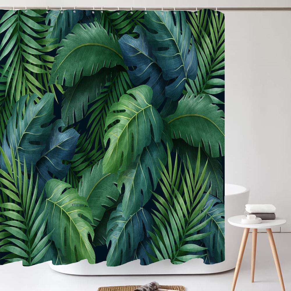 Tropical Green Plants Leaves Printed 3D Bath Curtains Waterproof Polyester Washable Bathroom Shower Curtain Screen With Hooks