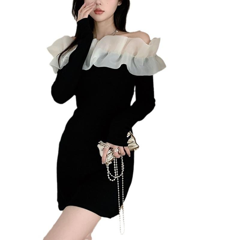 Lotus Leaf Edge Dress Spring and Autumn New One-word Neck Off-the-shoulder Long-sleeved Hip-wrapped Short Skirt