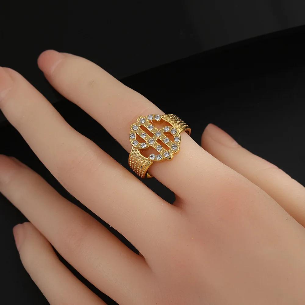 Charm Gold Dollar Sign Ring for Women Men Inlaid Rhinestone Trendy Valentine's Day Couple Jewelry Gifts Resizable